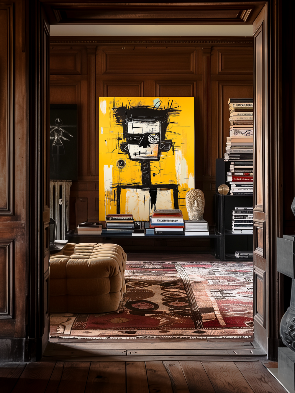 A cozy, wood-paneled vintage room with a colorful abstract poster in a minimalist black frame, viewed from the hallway through an open doorway. The space includes stacks of books, a patterned rug, and eclectic decor, creating a warm and artistic interior atmosphere.