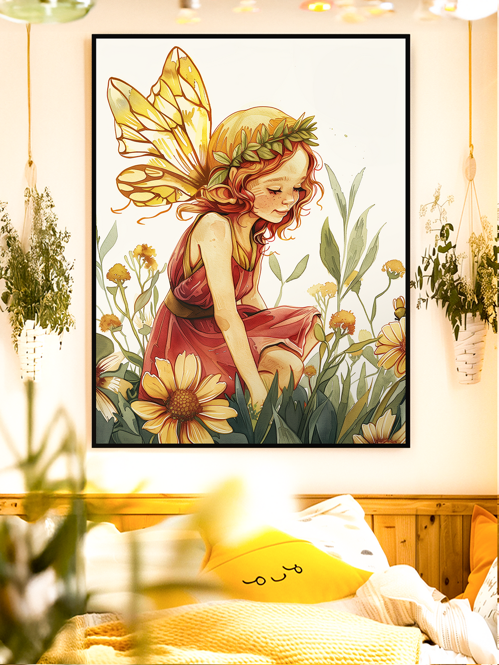 Whimsical watercolor fairy poster showing a young girl with butterfly wings among flowers, styled in a cozy bedroom for girls with natural and dreamy decor.