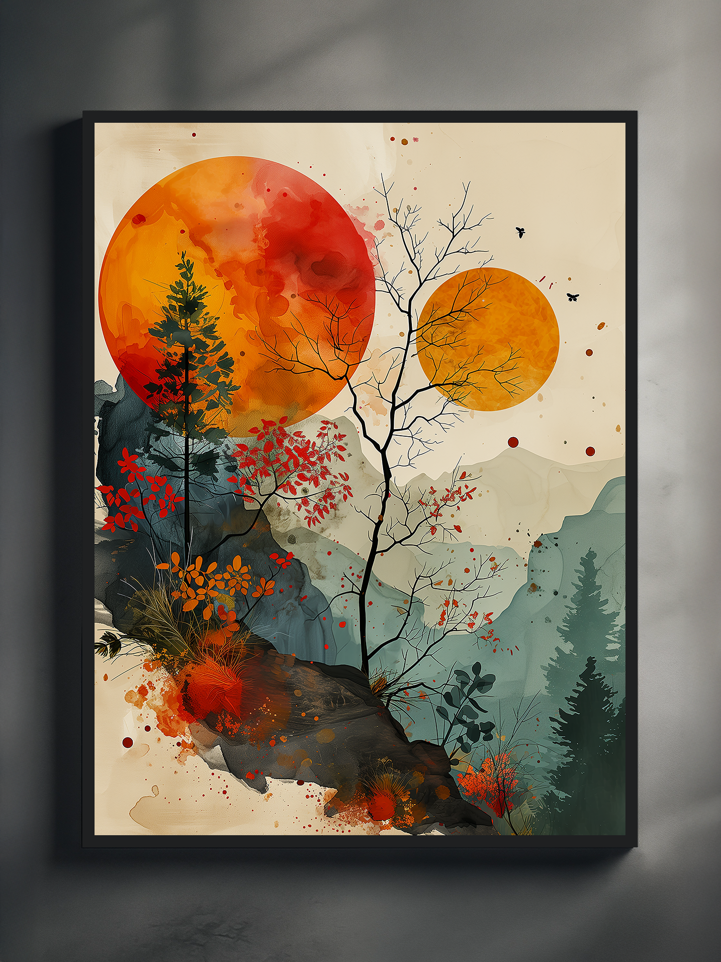 A vibrant watercolor art print depicting a surreal mountain landscape with two large red and orange suns, autumnal trees, and layered blue-green hills. The piece features fluid brushstrokes and soft gradients, framed in black and displayed on a neutral gray surface, highlighting its artistic depth and dreamlike atmosphere.