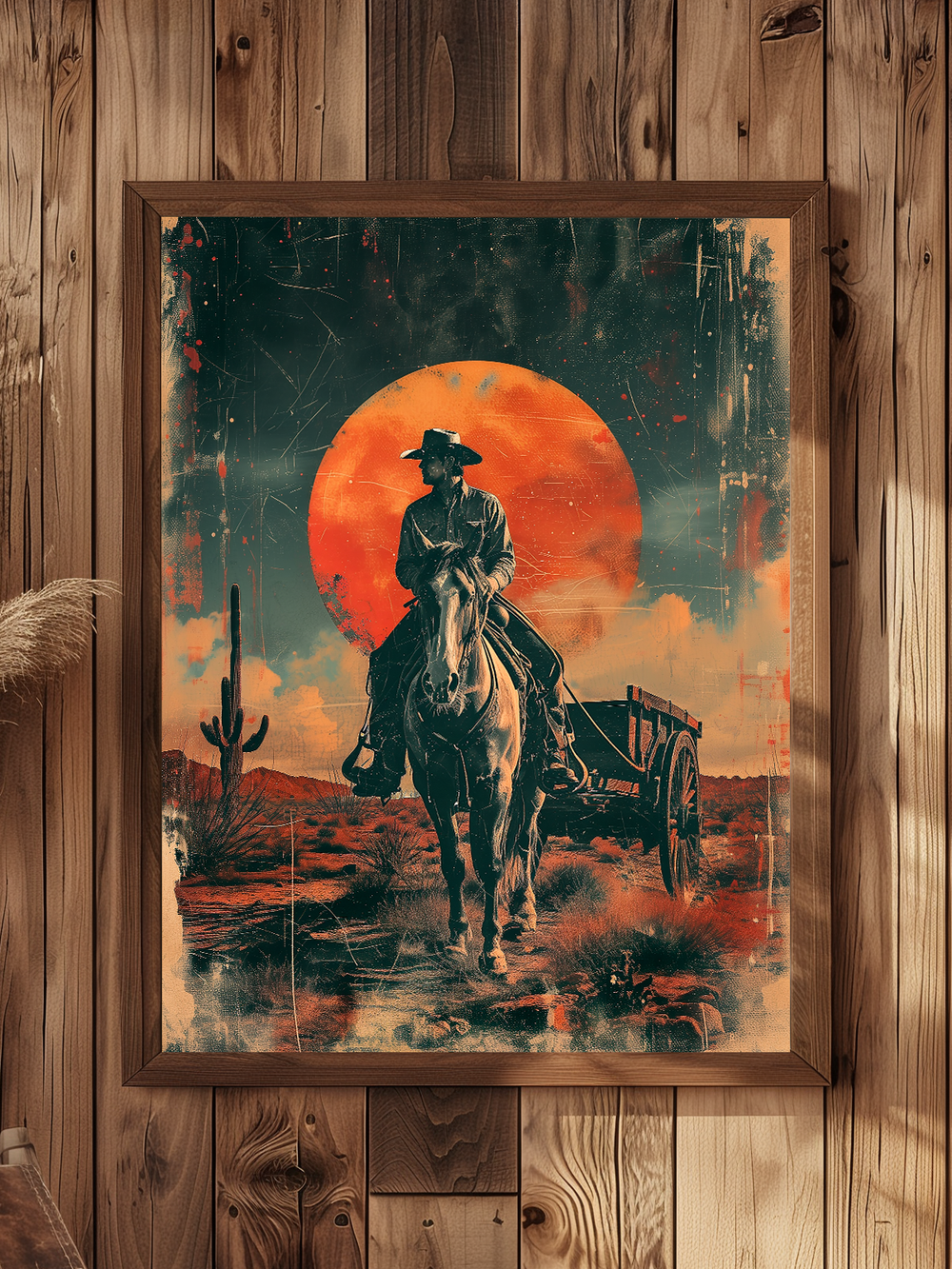 Framed wall art of a cowboy on horseback in a desert landscape, set against a dramatic red sun and a rugged wooden backdrop. The artwork captures classic western themes with cacti, a wagon, and rich earthy tones, perfectly suited for rustic or Americana-inspired interiors.