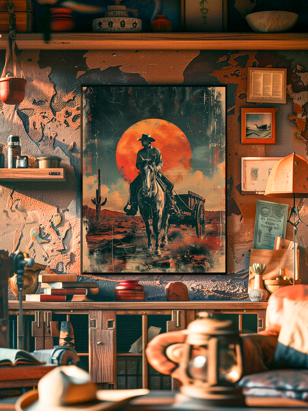 A framed poster of a lone cowboy riding toward a large red sun hangs on a distressed textured wall with peeling paint. The rustic room features wooden shelves filled with books, pottery, and vintage items, including an old lantern and a cowboy hat in the foreground, creating a warm Western atmosphere.