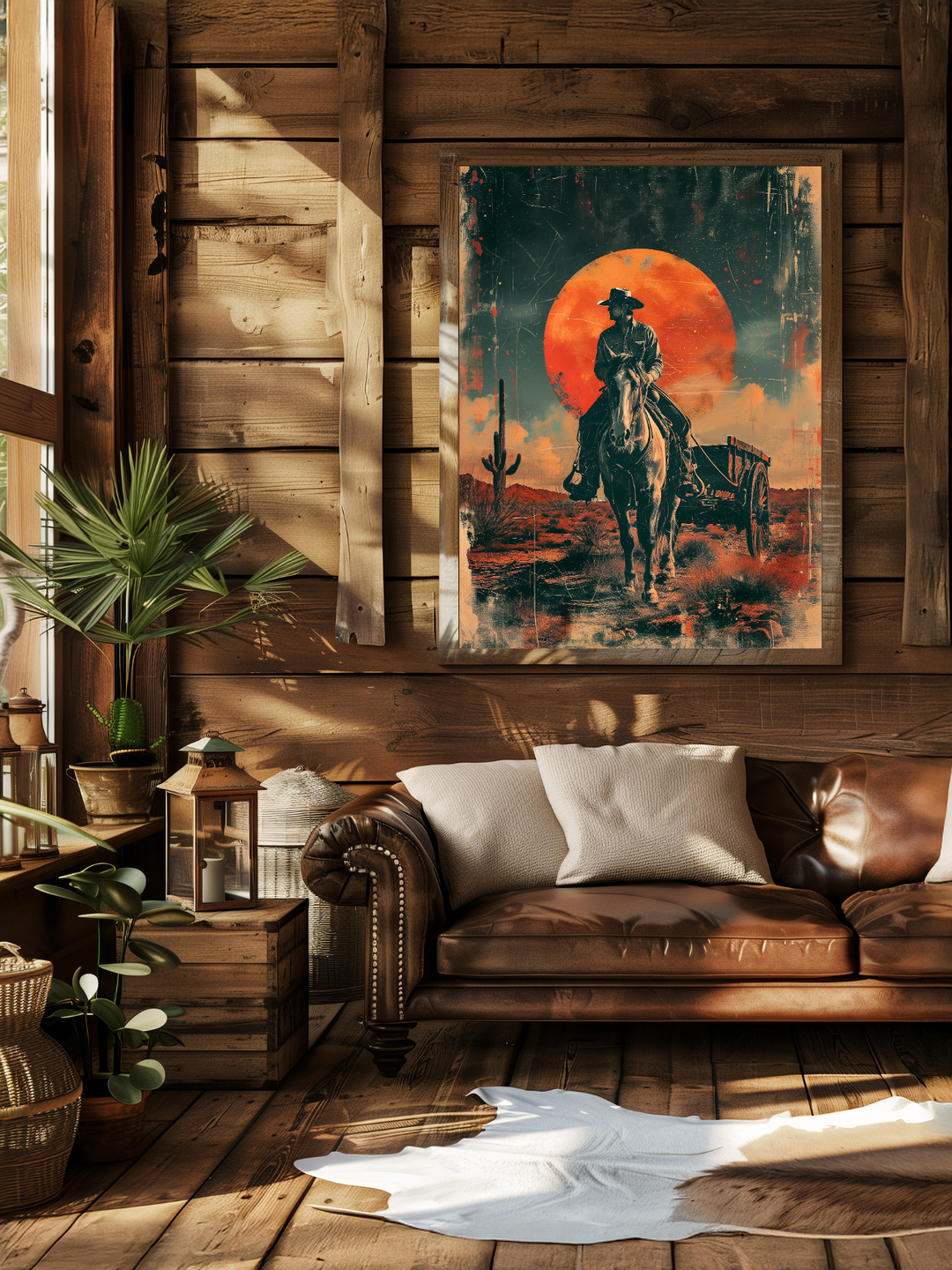 Framed cowboy poster with a vivid red sun, showing a rider on horseback in a desert setting, displayed in a rustic living room with wooden walls, a vintage leather sofa, white cushions, houseplants, and warm natural sunlight enhancing the western atmosphere.