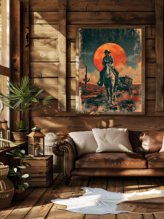 Framed cowboy poster with a vivid red sun, showing a rider on horseback in a desert setting, displayed in a rustic living room with wooden walls, a vintage leather sofa, white cushions, houseplants, and warm natural sunlight enhancing the western atmosphere.