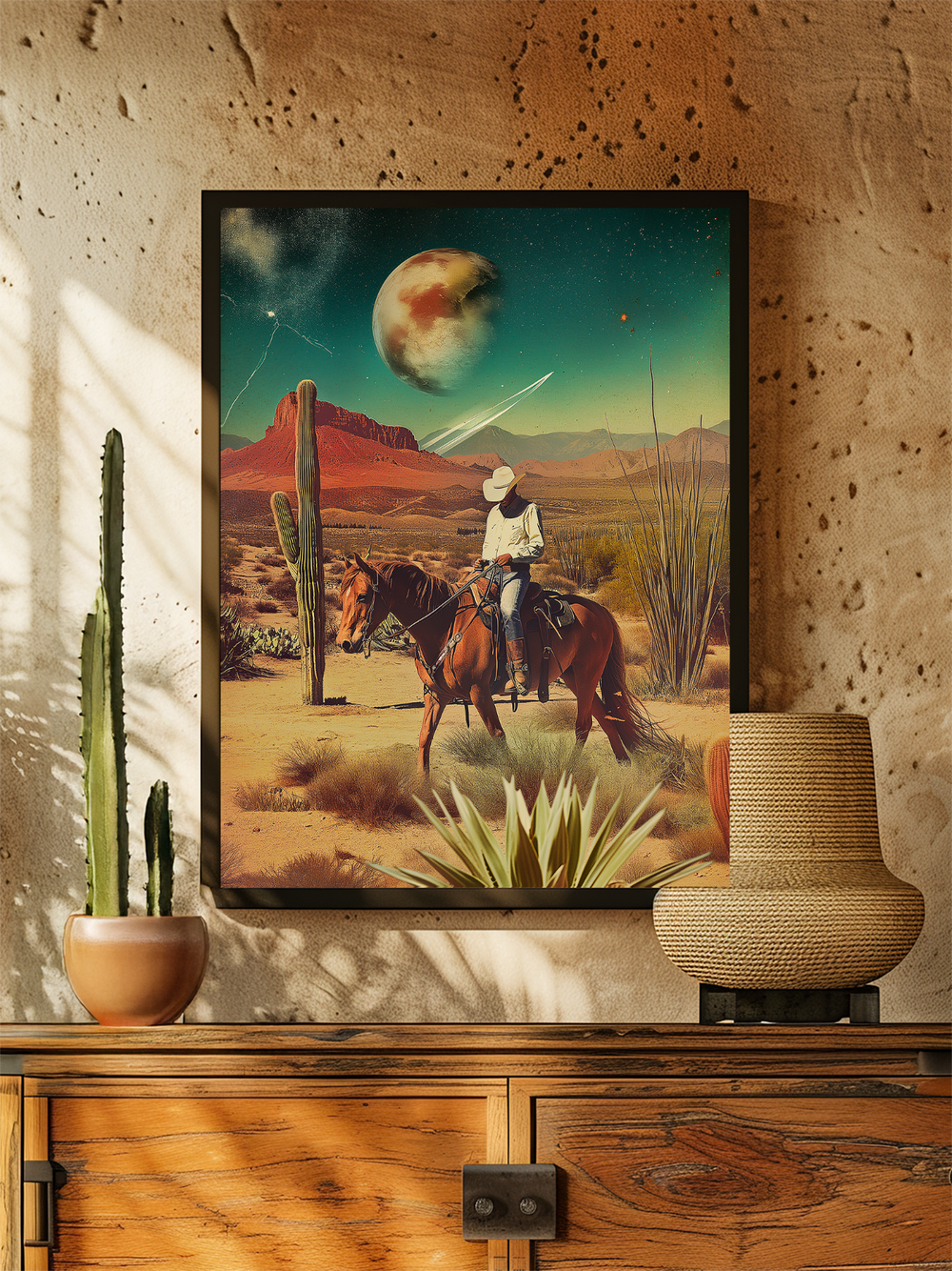 Poster of a cowboy on horseback beneath a surreal planet sky, framed in black and displayed in a cozy desert-style living room with textured stone wall, wooden sideboard, cactus plants, and a woven lamp, blending Western and cosmic themes.