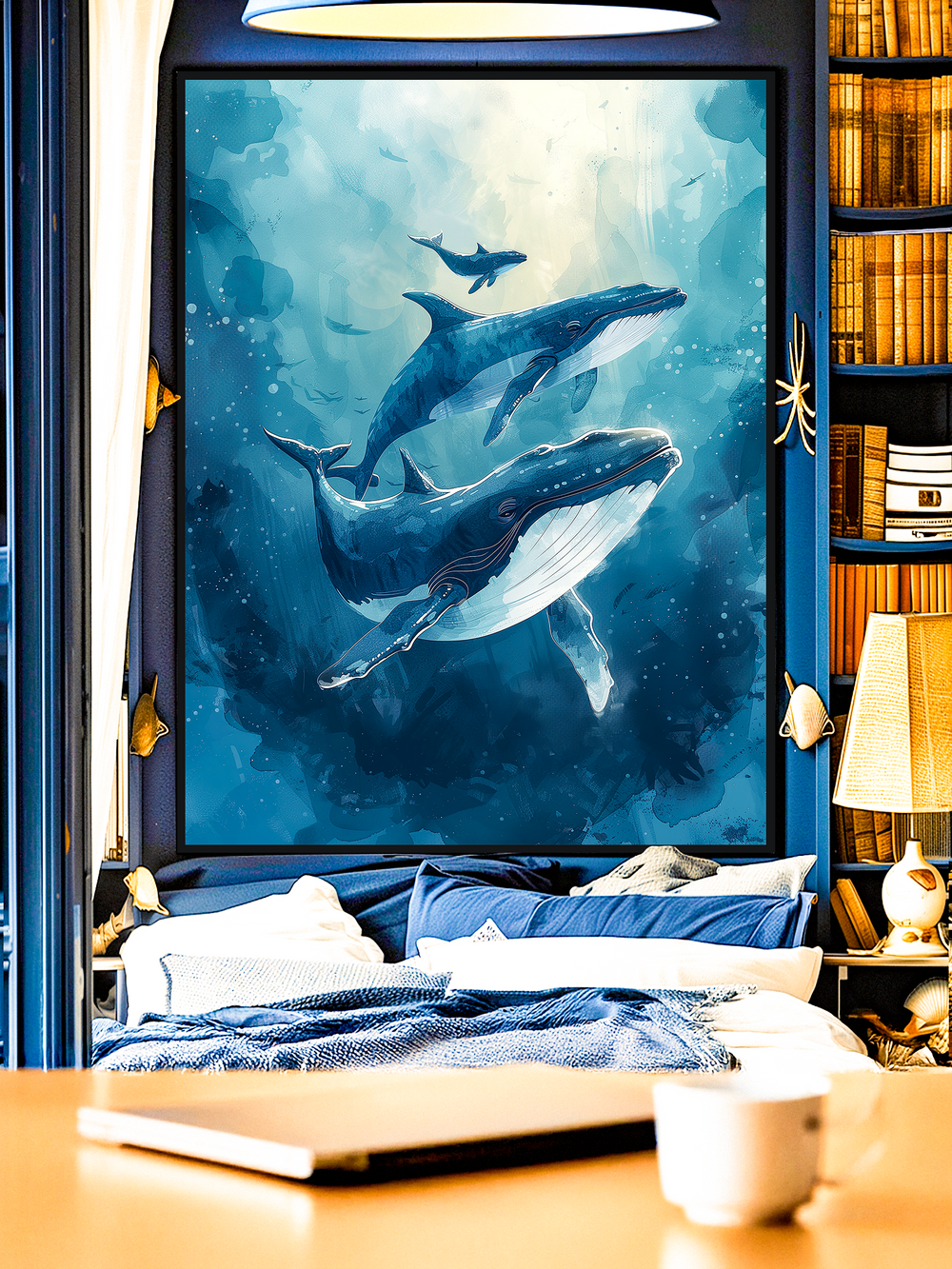 A stunning wall art print of whales swimming gracefully in the ocean, featuring a whale family in vibrant blue tones. Displayed above a cozy bed with bookshelves, warm lighting, and nautical-inspired decor, the artwork creates a serene marine atmosphere.