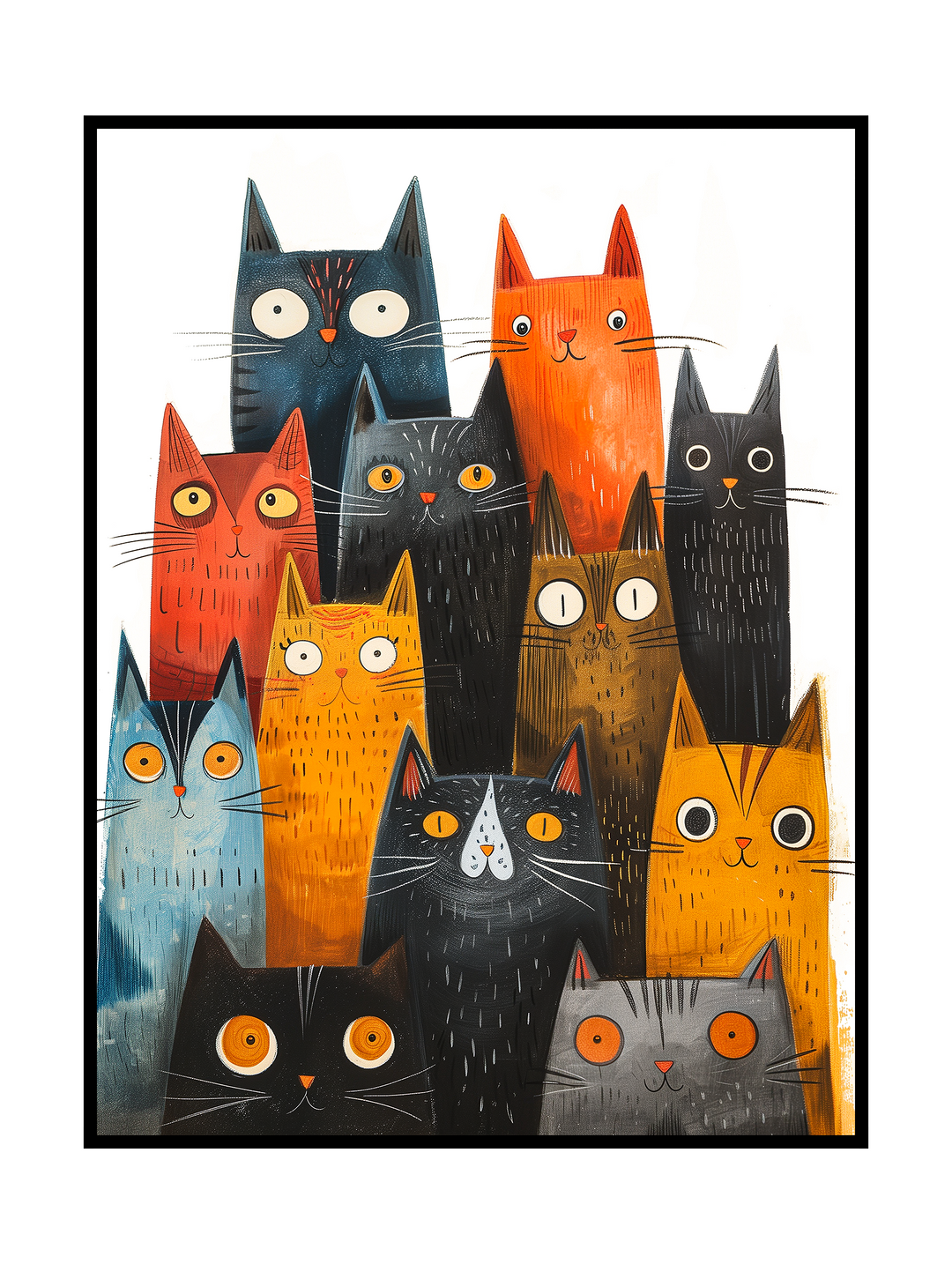 Playful illustration featuring a group of stylized cats arranged in a charming folk art composition. The artwork uses bold colors, textured brush details, and expressive eyes to create a warm, whimsical cat poster ideal for modern interiors, children’s rooms, and creative home decor.