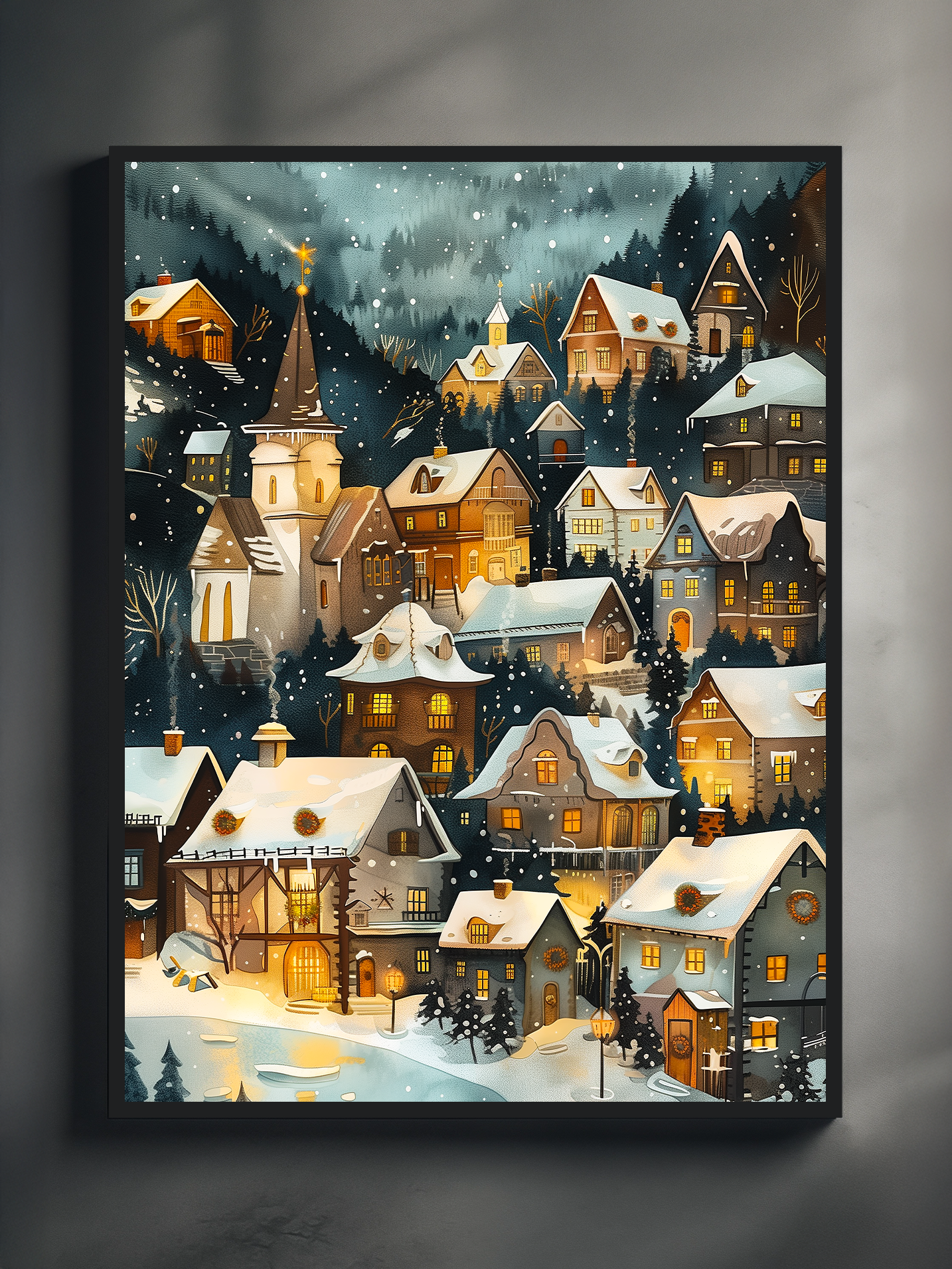 Charming illustrated winter scene featuring a glowing snowy village nestled in the mountains, with cozy houses, a church tower, and softly falling snow. Perfect for holiday-themed wall art, Christmas decor, and festive poster designs that evoke warmth, nostalgia, and a magical seasonal atmosphere.