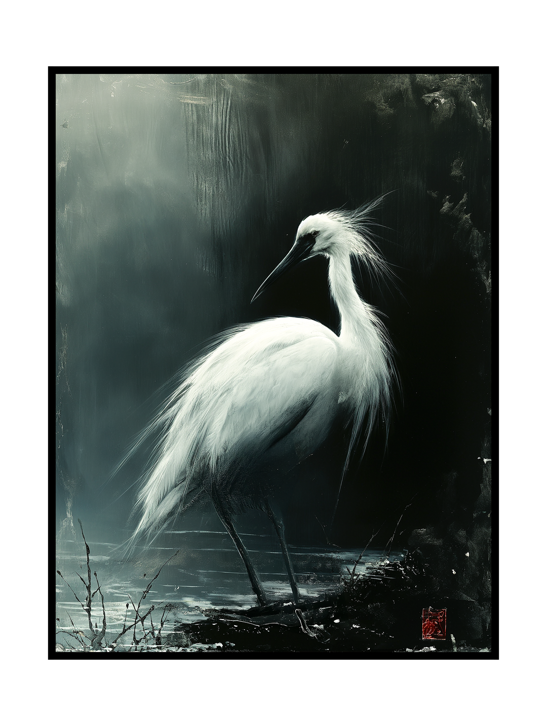 Atmospheric asian fine art illustration of a white crane standing in shallow water, surrounded by mist and dark textures, creating a calm and elegant wildlife scene with minimalist composition and moody, painterly tones.