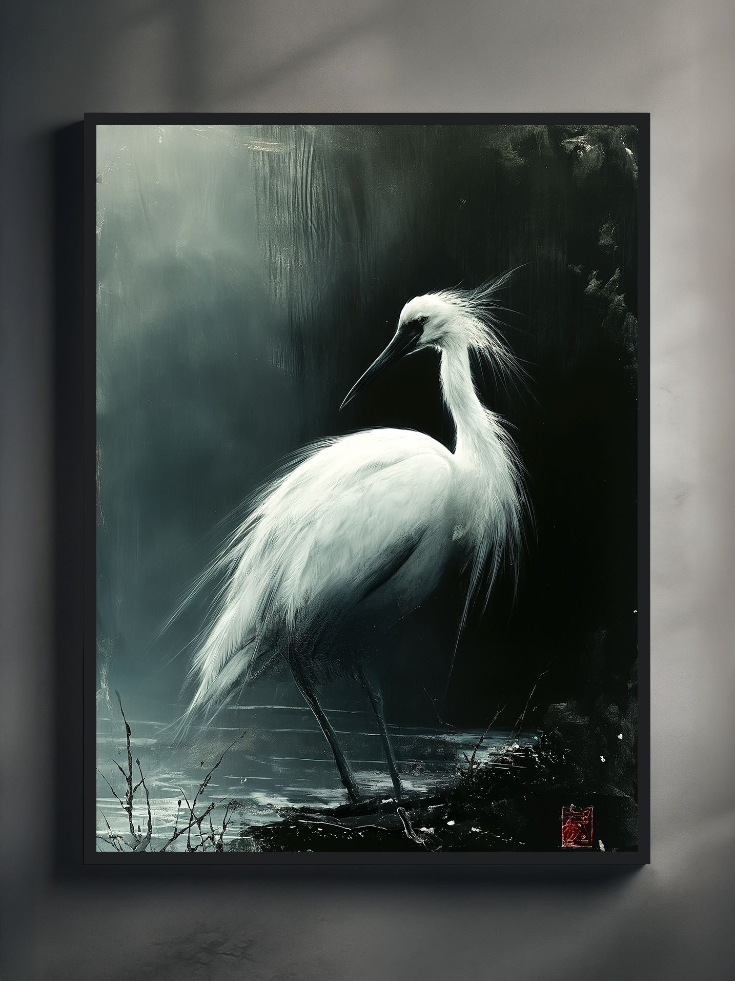 Atmospheric wall art featuring a white egret bird standing in shallow water with soft fog, dark tones, and elegant feathers for calm nature-inspired decor.