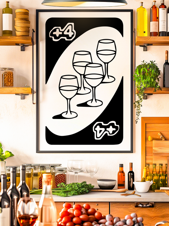 Stylish wall art poster featuring a playful Uno style +4 card with four wine glasses, displayed in a cozy modern kitchen interior surrounded by bottles, herbs and fresh produce, perfect for wine lovers and contemporary home decor.