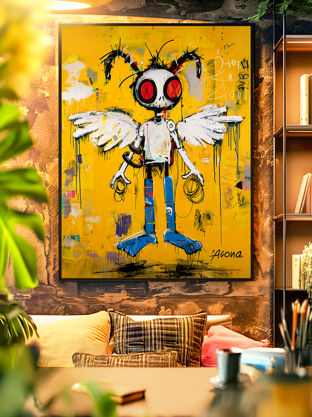 Basquiat inspired Futuristic robot angel artwork featuring a humanoid figure with large white wings, bold red eyes, and abstract paint textures on a vibrant yellow background. Perfect for modern wall decor and contemporary art collections.
