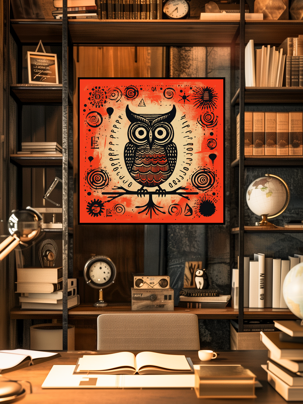 Frontal view of a square owl poster with symbolic graphics and a red background, centered in a stylish wooden home office. Surrounded by vintage globes, retro decor, and bookshelves filled with books, the scene evokes intellect, curiosity, and a warm, thoughtful atmosphere.