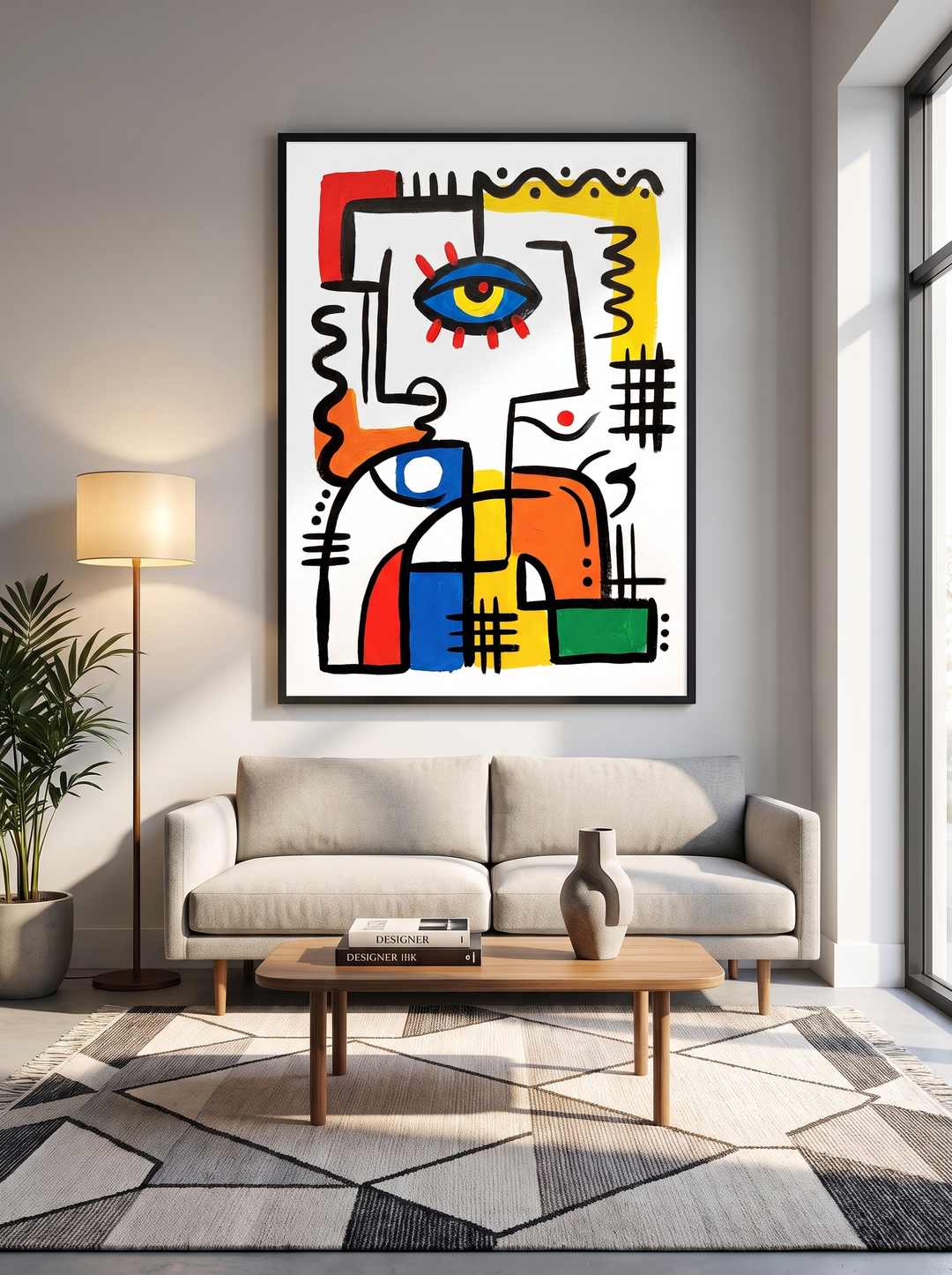 The Watcher abstract face poster in a black metal frame above a beige sofa in a bright modern living room with wooden coffee table, floor lamp and geometric rug
