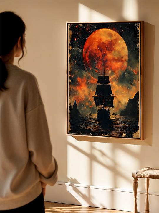 A woman stands in a sunlit room observing a framed fantasy poster featuring a pirate ship sailing under a fiery red moon. The artwork hangs on a white wall with warm natural light and soft shadows, creating a calm and modern atmosphere that highlights the dramatic nautical theme.