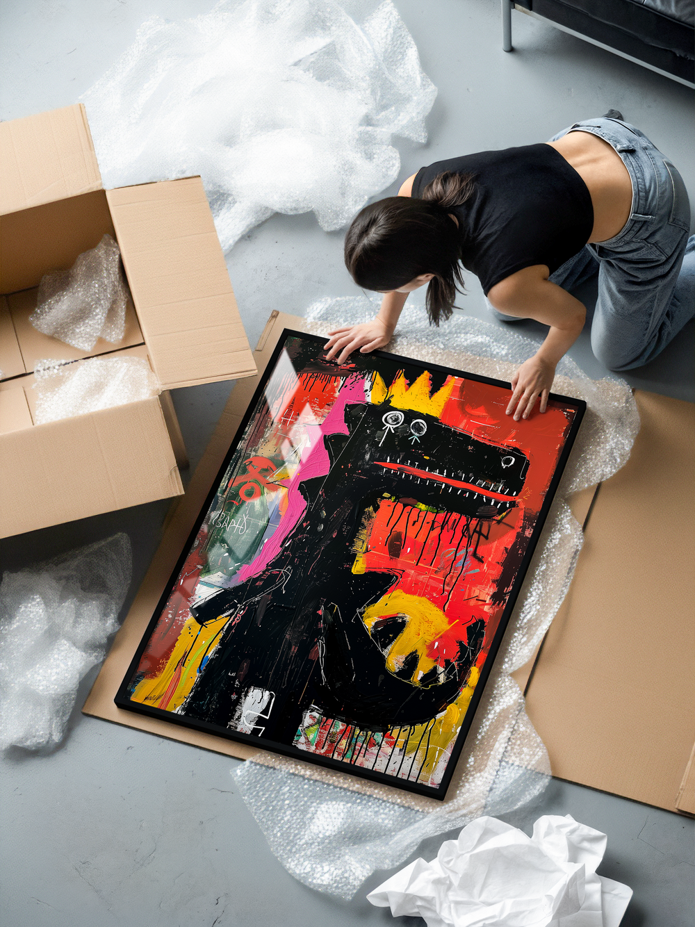 A woman kneels on the floor unpacking a framed art print from cardboard. The poster shows a Basquiat-inspired T-Rex dinosaur with a yellow crown, bold black silhouette, white eyes, and expressive dripping paint. The artwork is filled with bright colors like red and yellow, creating an energetic abstract look. The print is framed in a black metal frame with plexiglass, surrounded by packaging materials and an open cardboard box.