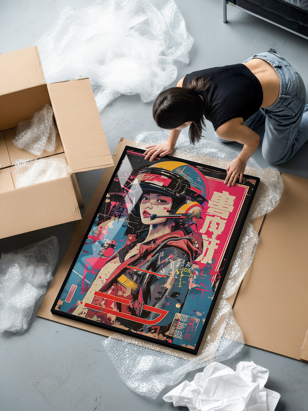 A woman kneels on the floor unpacking a framed art print. The poster shows a Japanese magazine-cover style illustration of a female pilot or racer girl wearing a helmet and headset. The artwork features bold colors, strong graphic shapes, and large Japanese text elements. The print is framed in a black metal frame with plexiglass, placed on packaging material next to an open cardboard box.