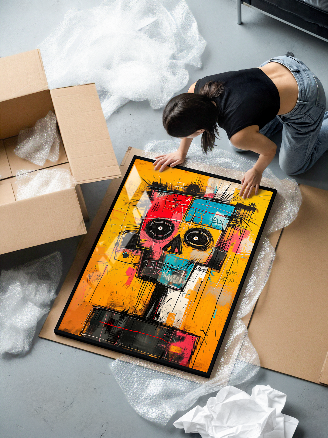 A woman is kneeling on the floor unpacking a framed modern art print. The design shows a colorful abstract basquiat-style skull portrait with bold black sketch lines, bright yellow and orange tones, and vivid blocks of blue, red, and pink. The artwork is framed in a black metal frame with plexiglass, surrounded by packaging materials and an open cardboard box.