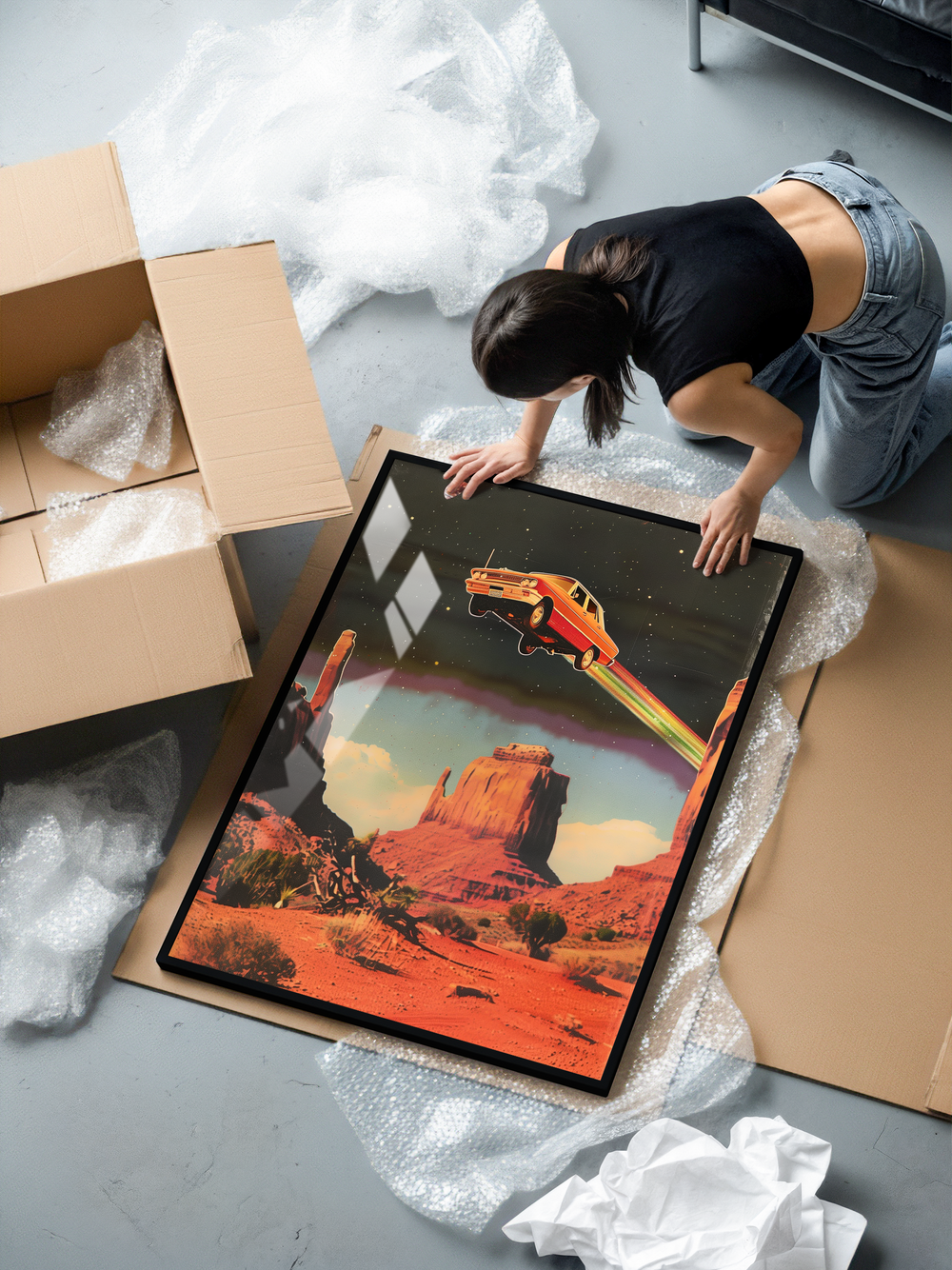 A woman kneels on the floor unpacking a framed art print from cardboard. The poster shows a retro-futuristic-style sci-fi scene with a vintage car flying above a desert canyon, leaving a rainbow-colored trail across a starry night sky. The frame is a black metal frame with plexiglass, surrounded by packaging materials and an open cardboard box.