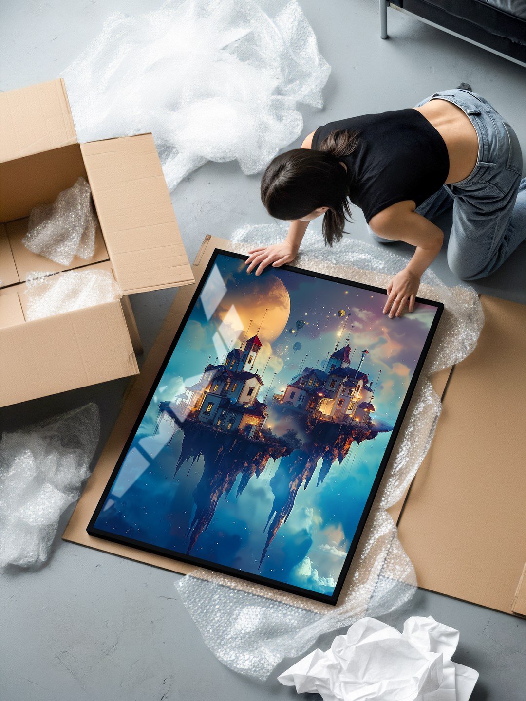 A woman kneels on the floor while unboxing a large framed art print showing a surreal scene of glowing floating houses suspended in a dreamy night sky beneath a warm moon. Vivid blue tones, atmospheric clouds, and crisp details highlight the premium black metal frame and museum-grade matte paper. Bubble wrap and packaging materials surround the artwork, emphasizing careful protection and high-quality presentation.
