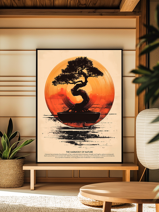 Framed poster of a bonsai tree with a glowing orange sunset backdrop, displayed in a serene Japanese-inspired living room with wooden elements, woven textures, a bench, indoor plants, and soft natural lighting.