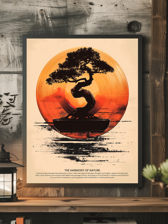 Framed bonsai tree poster with a vibrant orange sunset background, displayed on a rustic wooden wall. The setting includes a black lantern, a minimalist wooden shelf, and green decor, creating a peaceful, cozy atmosphere.