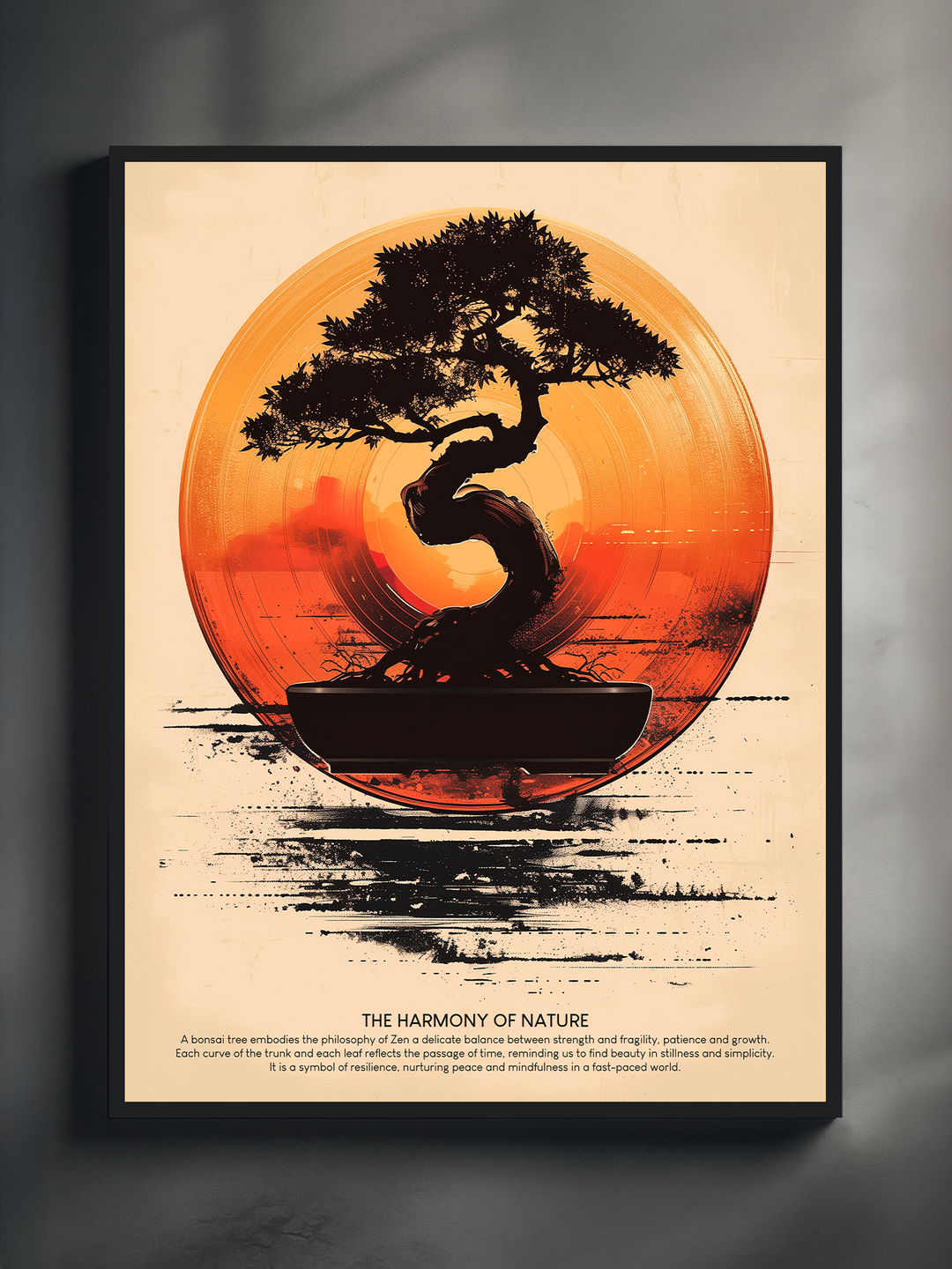 A symbolic bonsai tree design framed by a glowing red-orange sunset circle, featuring text about harmony, resilience, mindfulness, and the balance of nature.