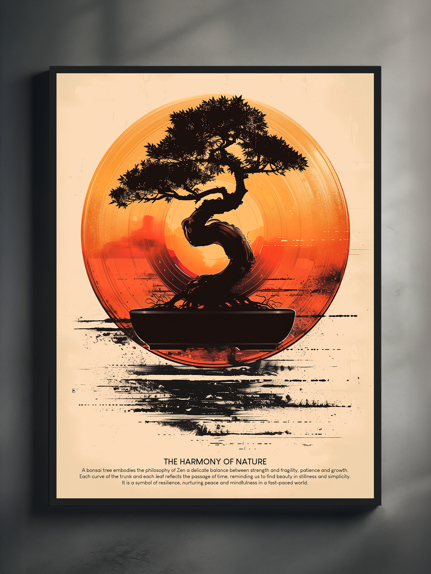 A symbolic bonsai tree design framed by a glowing red-orange sunset circle, featuring text about harmony, resilience, mindfulness, and the balance of nature.