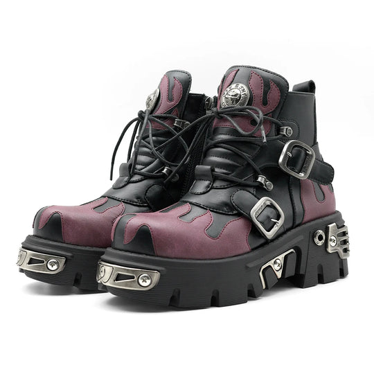 New Punk Women Platform Ankle Boots Female'S Rock round Toe Lace up Fashion Retro Chunky Shoes Metal Decor Short Boots
