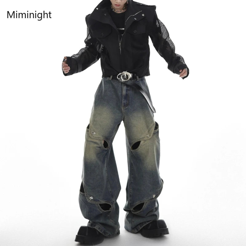 Vintage Y2K Wide Leg Jeans Pants Men Streetwear Baggy Distressed Denim Trousers Male Oversize Hollow Out Casual Korean Hip Hop