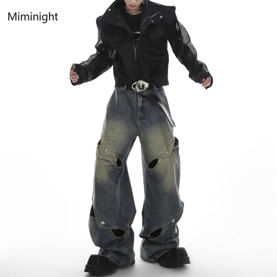 Vintage Y2K Wide Leg Jeans Pants Men Streetwear Baggy Distressed Denim Trousers Male Oversize Hollow Out Casual Korean Hip Hop