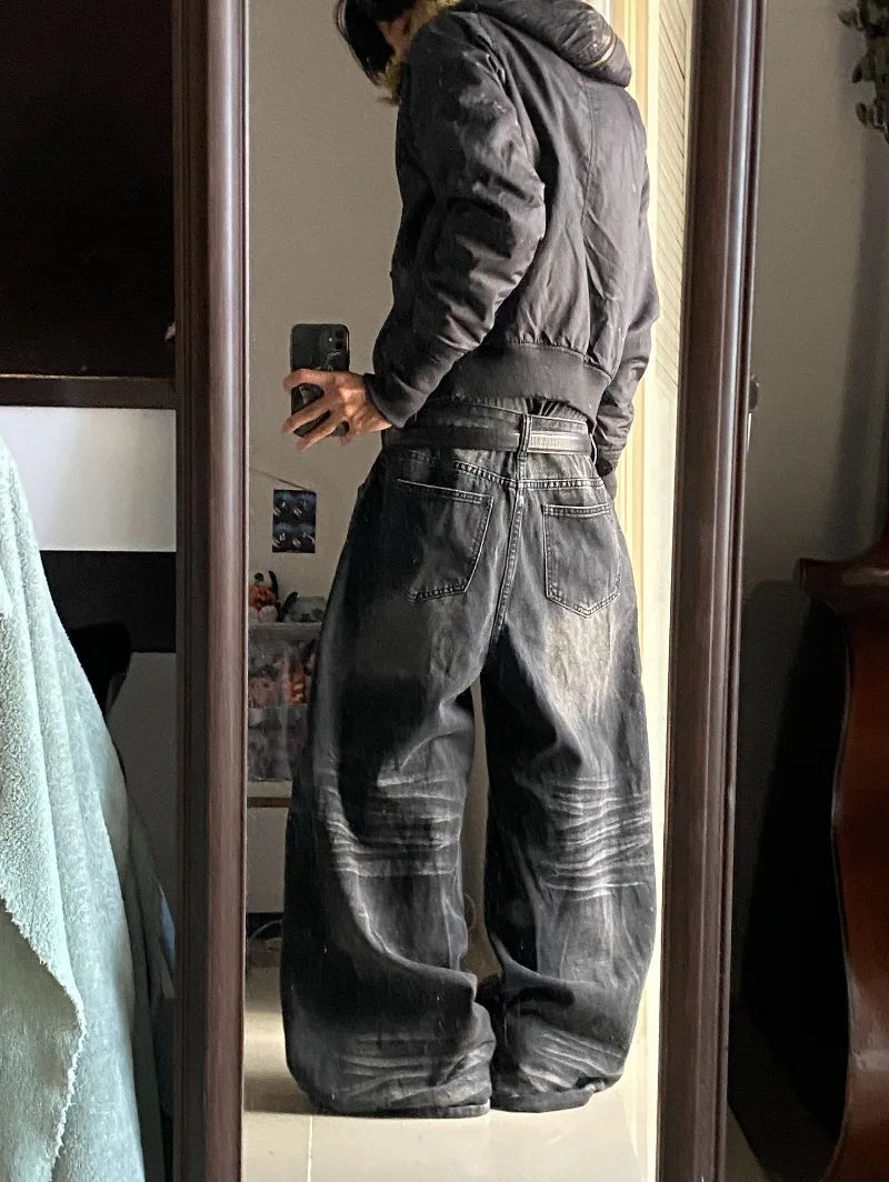 American New Fashion Oversized Print Black Old Baggy Jeans Women Y2K Harajuku Hip Hop Popular Casual Joker Wide-Leg Pants