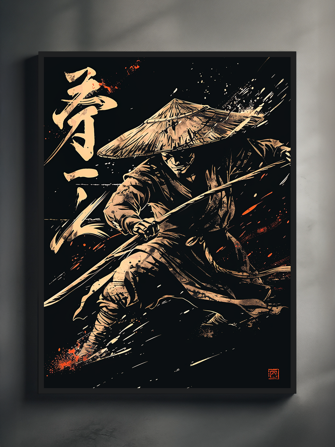 Dramatic samurai wall art showing a masked warrior with a straw hat and katana in beige brush strokes, with Japanese calligraphy and splatter accents on black.