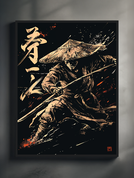 Dramatic samurai wall art showing a masked warrior with a straw hat and katana in beige brush strokes, with Japanese calligraphy and splatter accents on black.
