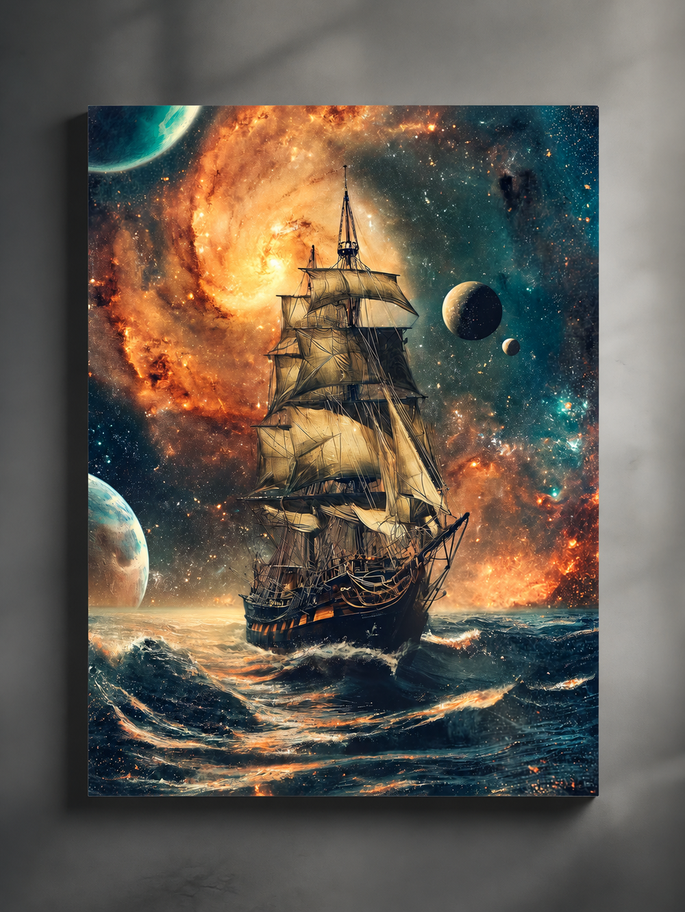 Beyond the Stars – unframed matte paper poster with a sailing ship, cosmic waves, galaxies and planets.