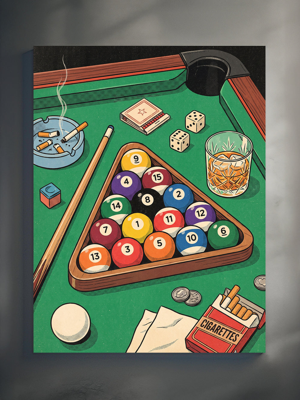 Gentleman's Table unframed poster: vintage risograph-style billiard art with racked pool balls on green felt, whiskey, dice and cigarettes, printed on matte paper and shown on a grey wall