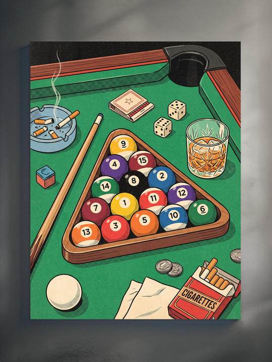 Gentleman's Table unframed poster: vintage risograph-style billiard art with racked pool balls on green felt, whiskey, dice and cigarettes, printed on matte paper and shown on a grey wall