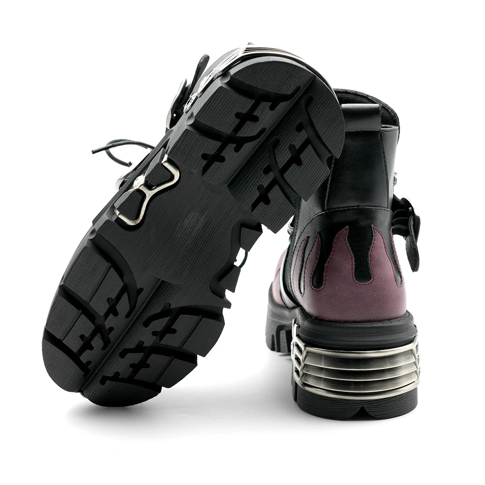 New Punk Women Platform Ankle Boots Female'S Rock round Toe Lace up Fashion Retro Chunky Shoes Metal Decor Short Boots