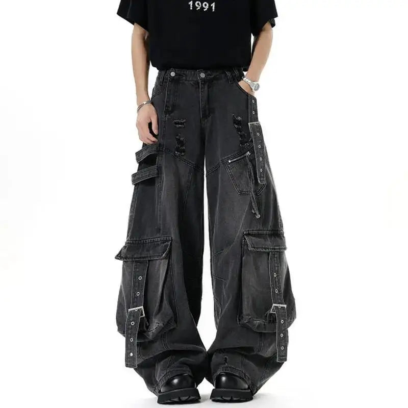 American Style Men'S Jeans Solid Color Multi Pockets Casual Worn-Out Trousers Deconstruction Wide Leg Denim Pants 9W4066