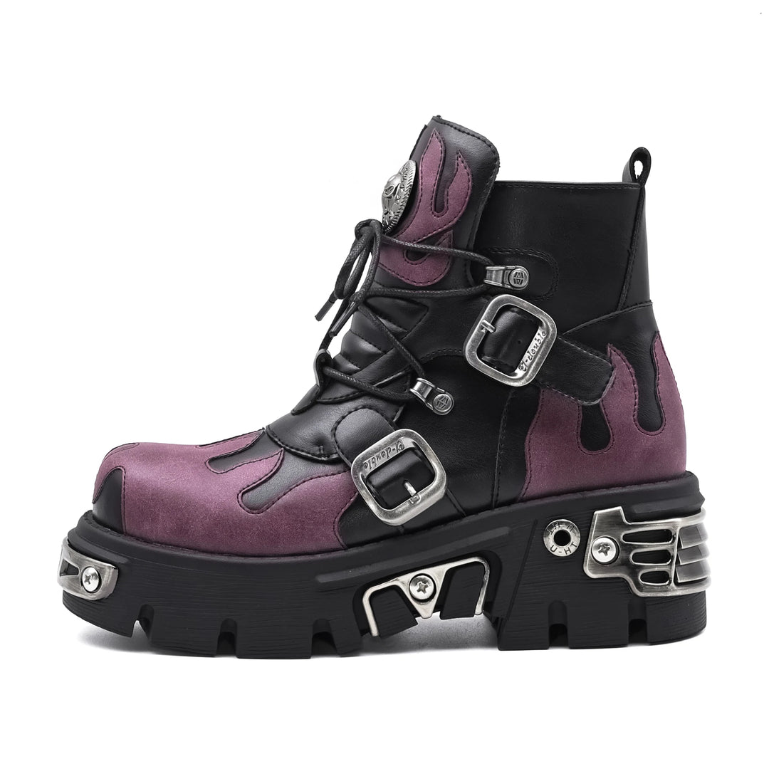 New Punk Women Platform Ankle Boots Female'S Rock round Toe Lace up Fashion Retro Chunky Shoes Metal Decor Short Boots