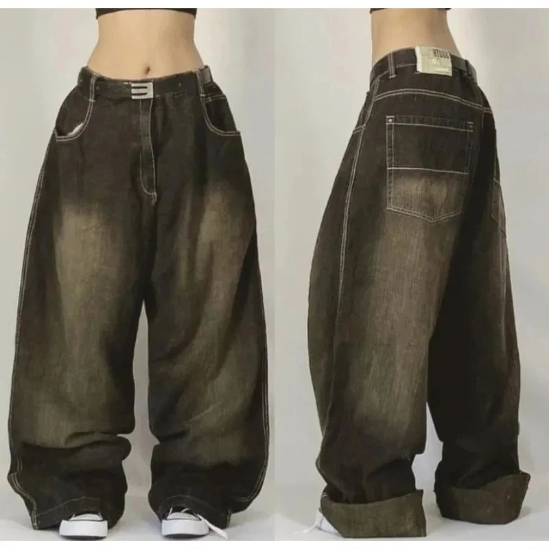American New Fashion Oversized Print Black Old Baggy Jeans Women Y2K Harajuku Hip Hop Popular Casual Joker Wide-Leg Pants