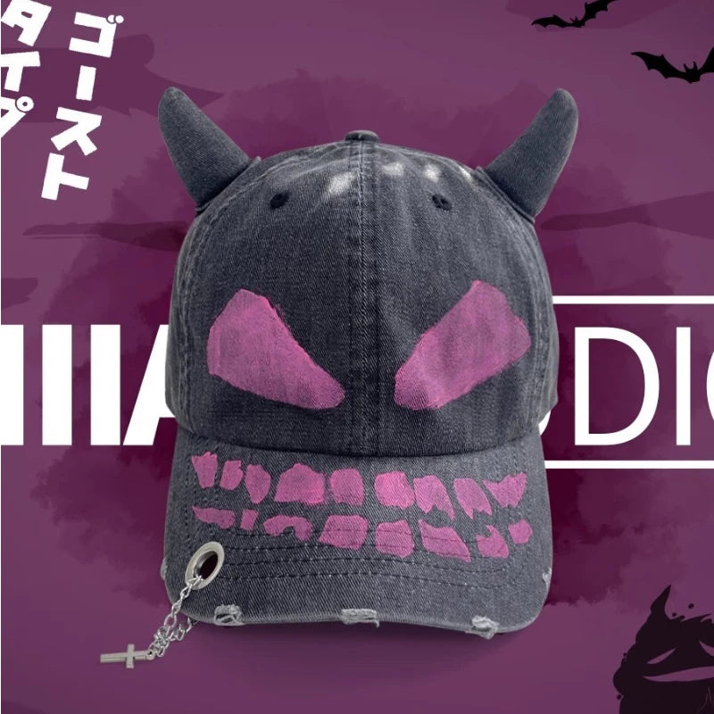 Korean Y2K Little Devil Horn Hand-Painted Hole Baseball Hat Street Trend Men and Women Personality Adjustable Casual Hip-Hop Cap