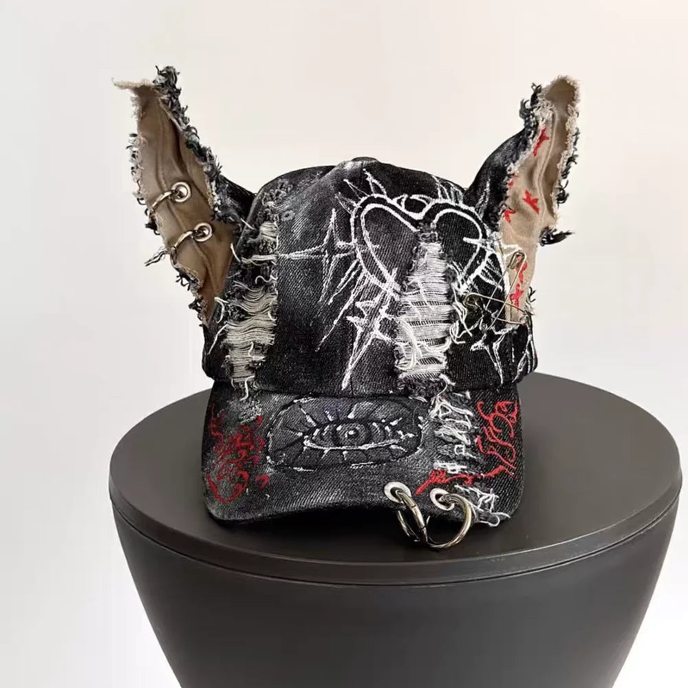NEW Y2K Girl New Jeans Stereoscopic Ears Cowboy Baseball Hat Wash Graffiti Hip Hop Cap Women Men Party Team Baseball Cap