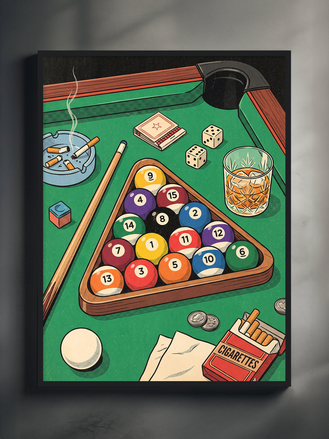 Gentleman's Table framed poster: retro illustration of a green pool table corner with racked billiard balls, a cue, a whiskey glass, dice, a matchbook, an ashtray and a pack of cigarettes, in a black metal frame on a grey wall