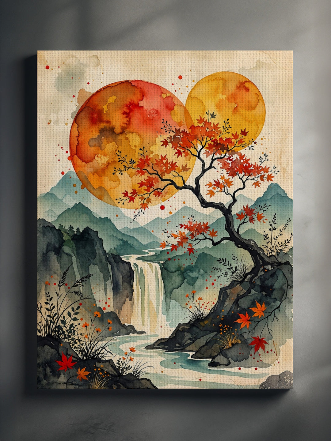 KOYO canvas print, Japanese autumn watercolor landscape with textured canvas surface
