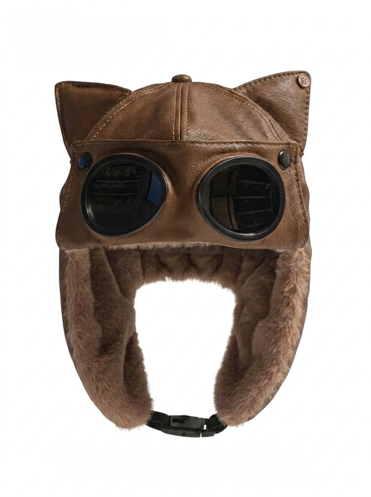 AconaStudio Goggle Pilot Bomber Hat – PU leather, integrated goggles