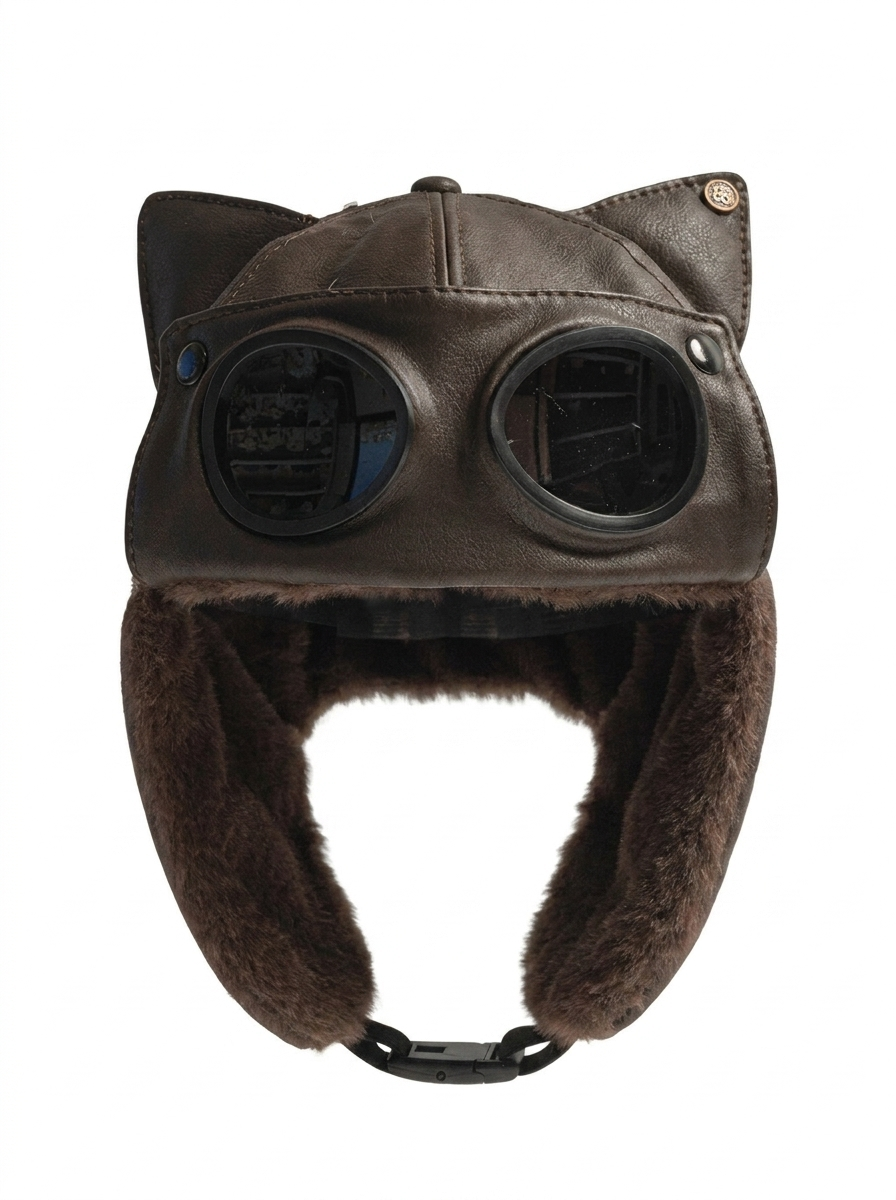 AconaStudio Goggle Pilot Bomber Hat – PU leather, integrated goggles