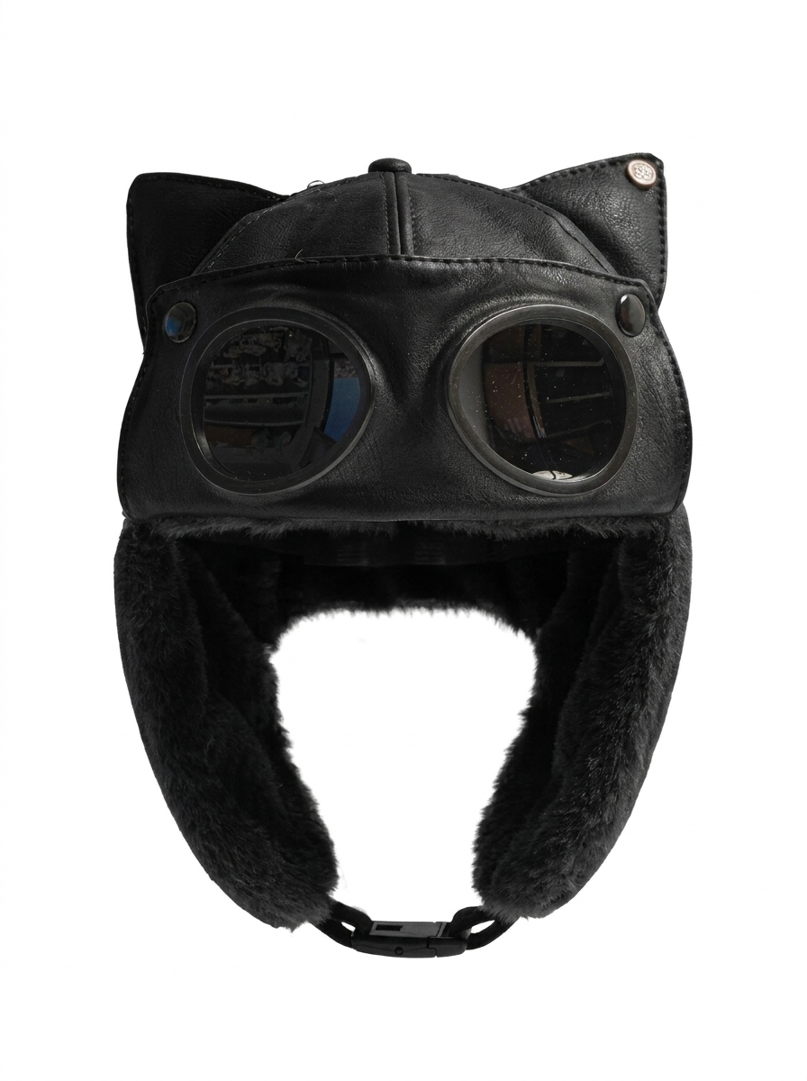 AconaStudio Goggle Pilot Bomber Hat – PU leather, integrated goggles