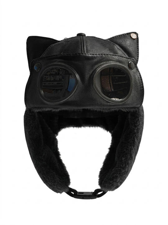 AconaStudio Goggle Pilot Bomber Hat – PU leather, integrated goggles