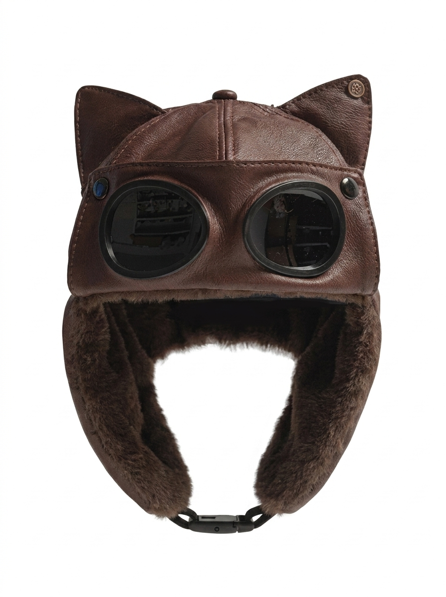 AconaStudio Goggle Pilot Bomber Hat – PU leather, integrated goggles