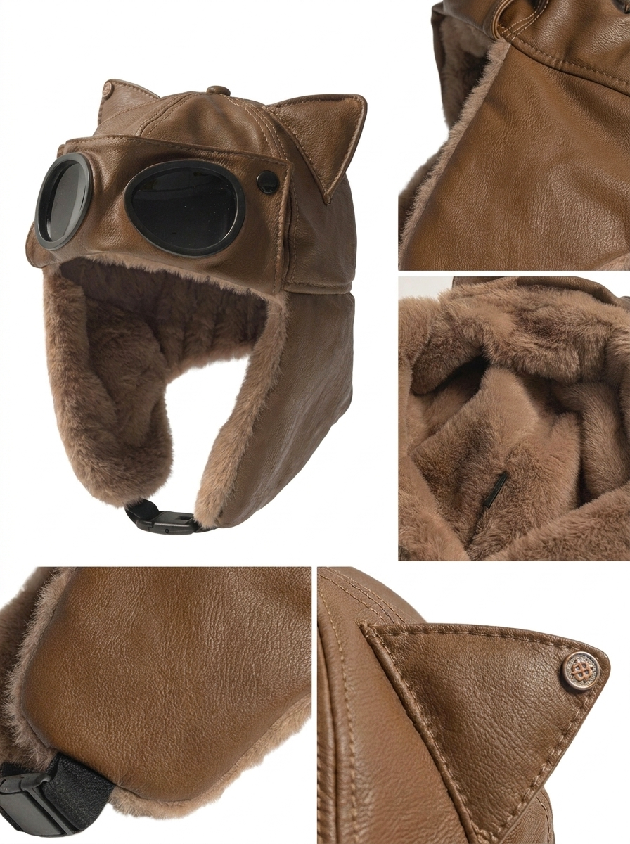 AconaStudio Goggle Pilot Bomber Hat – PU leather, integrated goggles
